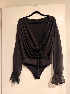 Fashion Nova Black Draped V-Neck Long Sleeve Chiffon Bodysuit
